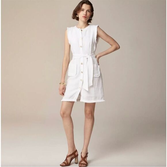 J.Crew Raw Hem Mini Shirtdress Linen White Belted Medium NWT - Picture 2 of 14